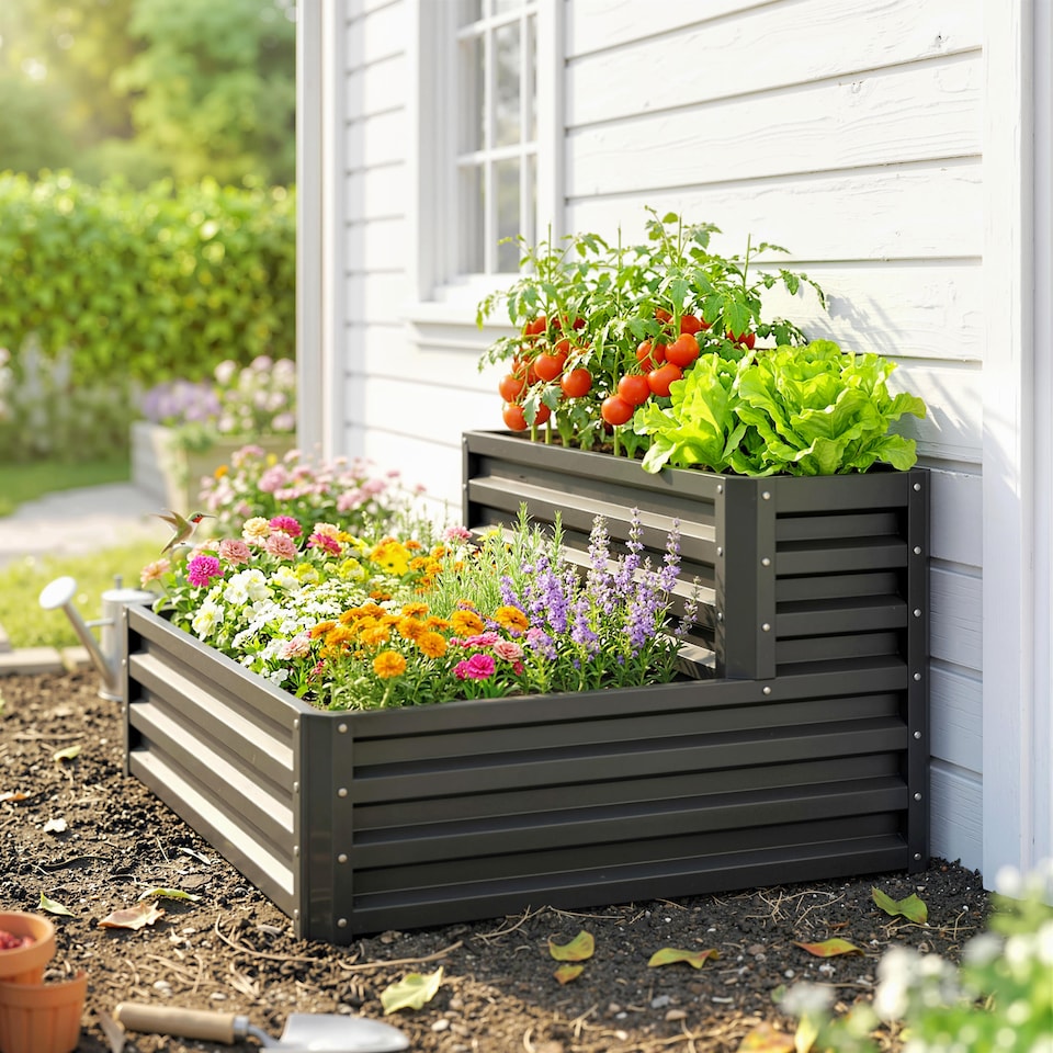 image 1 of Outsunny 2 Tier Galvanised Raised Garden Bed Planter Box Open Bottom Dark Grey | Grey | Dark Grey