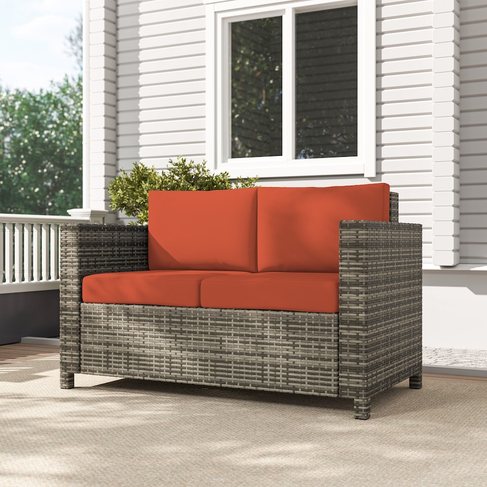 image 1 of Outsunny Rattan Sofa, 2 Seater Garden Furniture with Soft Padded Cushion and Armrests, Wicker Garden Loveseat for Patio, Grey | Grey | Two Seater