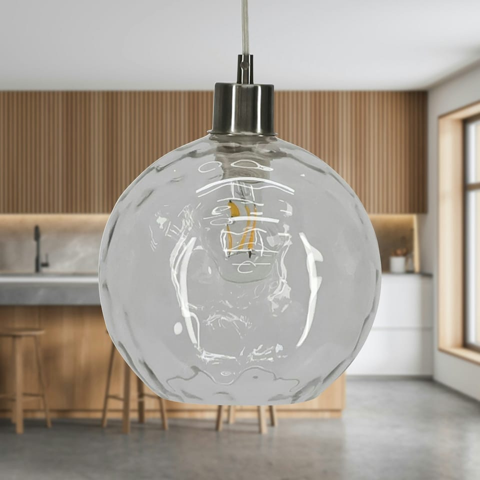 image 1 of First Choice Lighting Barnum Clear Dimple Glass Globe with Satin Nickel Pendant Fitting Silver | Clear