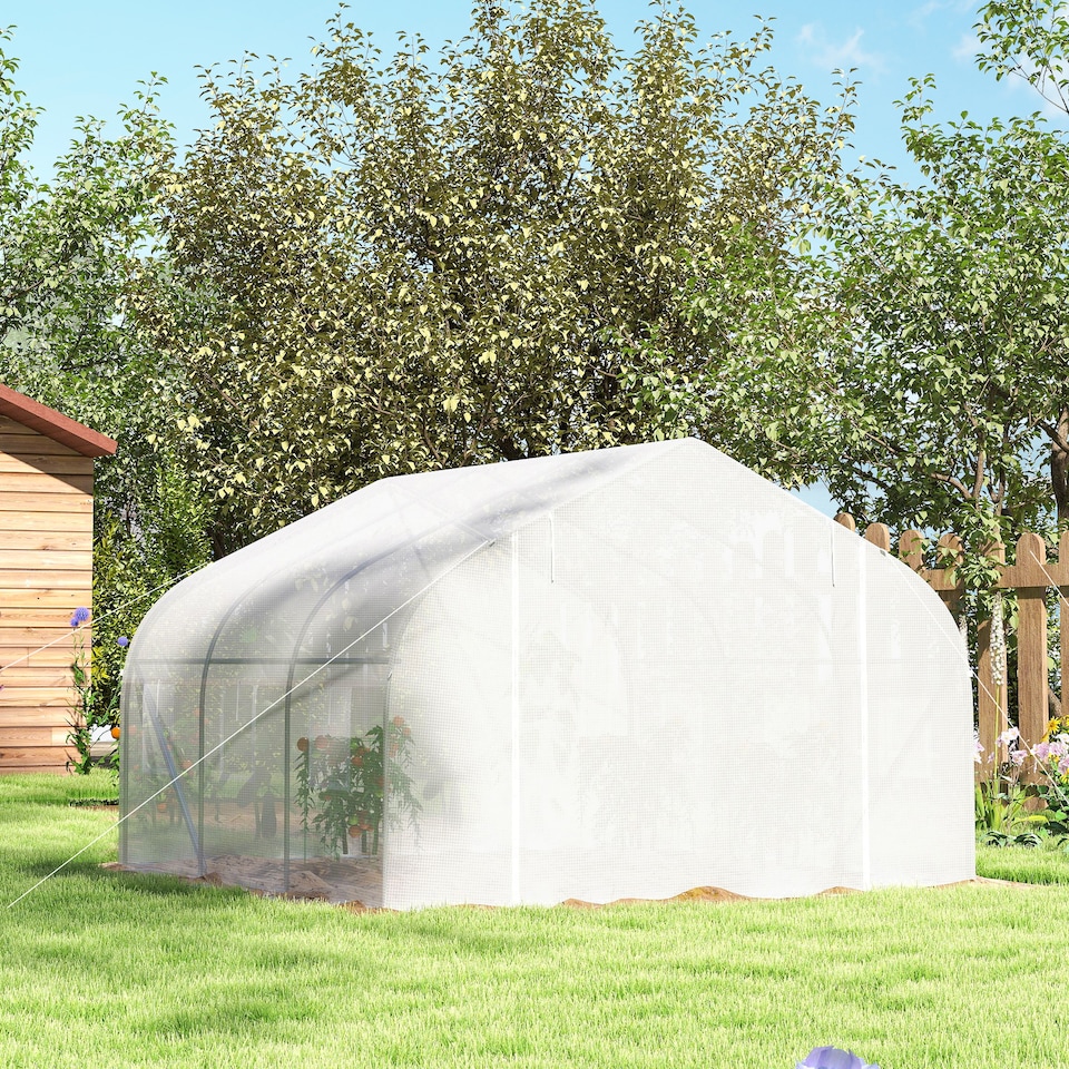image 1 of Outsunny Walk-In Polytunnel Greenhouse w Roll Up Door Windows, 4.5x3x2 m White