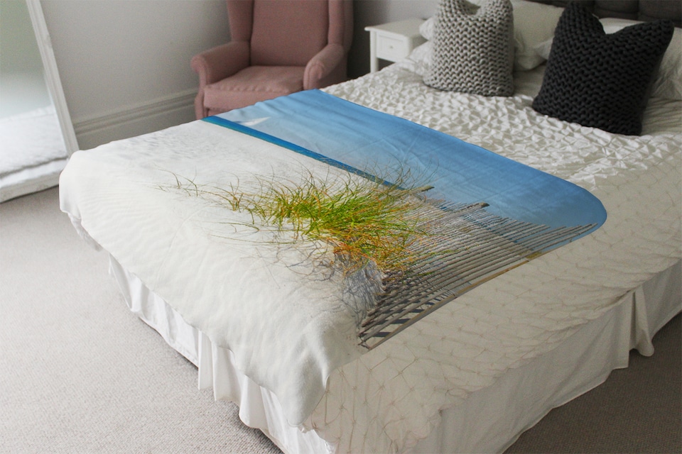 image 1 of dune fence by sea grass with sailboat on horizon Designer Blanket | Multi
