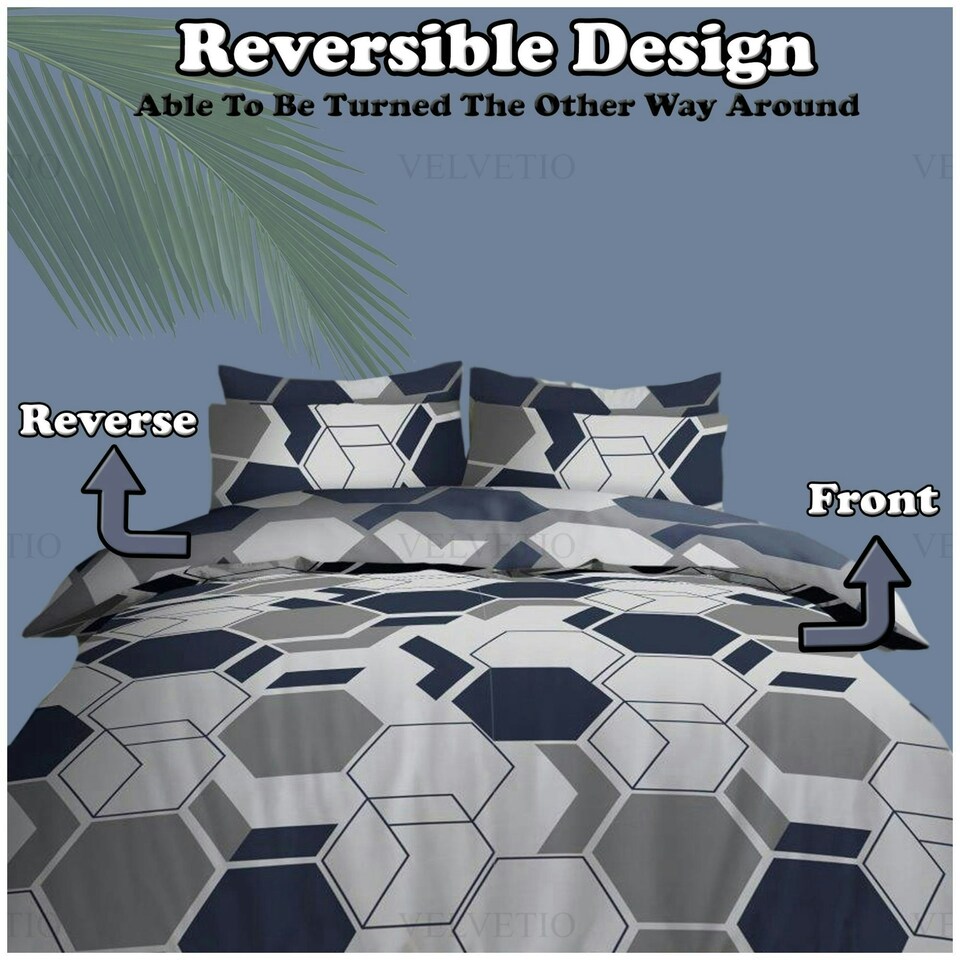 image 1 of VELVETIO Aster Geo Complete Duvet Cover Set with Fitted Sheet Breathable Bedding Quilt Blue | Single