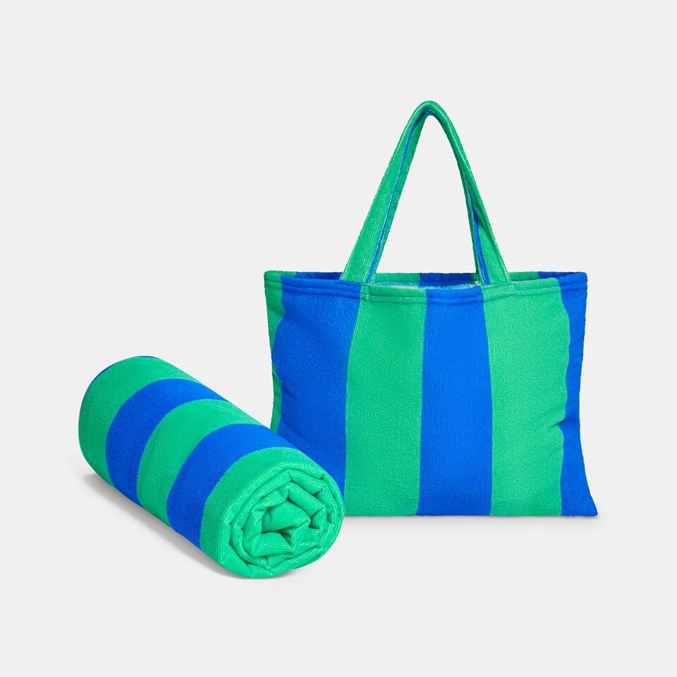image 1 of OHS Stripes Beach Towel with Bag Quick Dry Absorbent Travel Spa | Multi | Blue/Green | One size