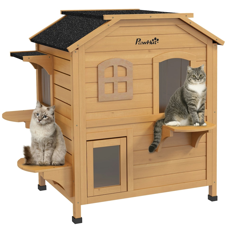 image 1 of PawHut Wooden Cat House Cat Cave Pet Shelter Condos Outdoor Natural Wood Finish