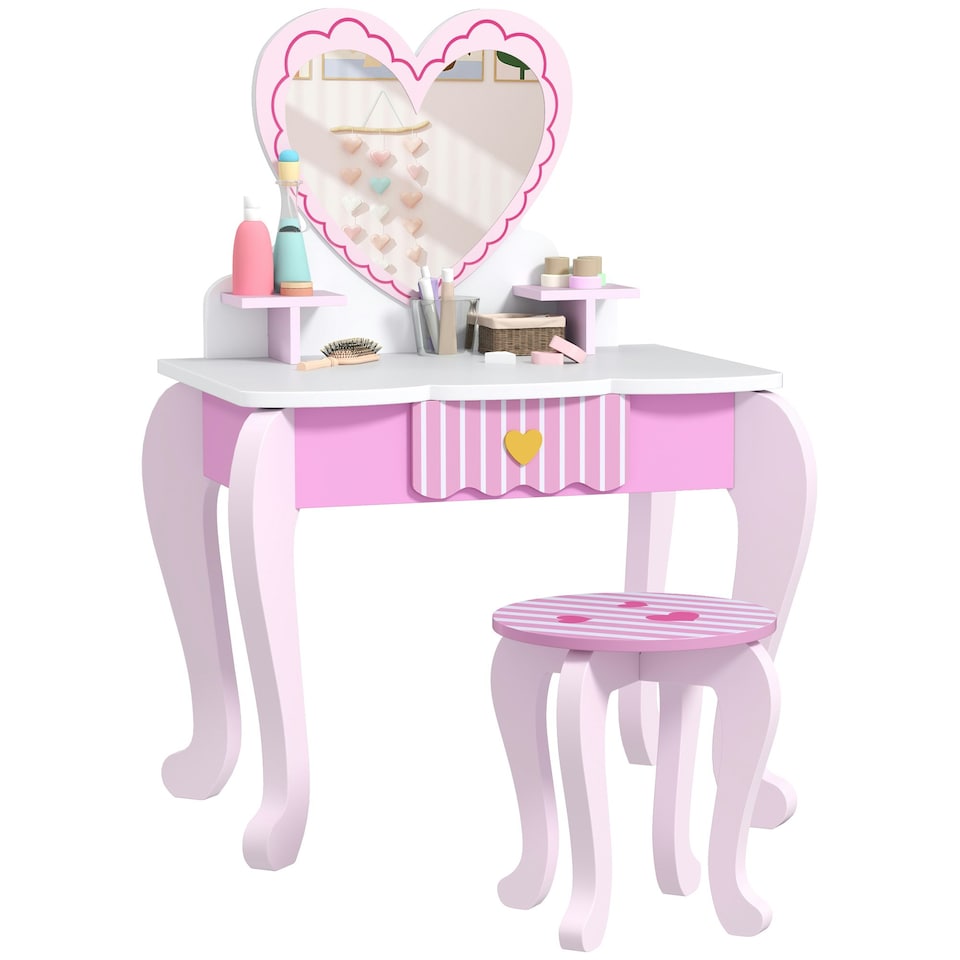 image 1 of AIYAPLAY Kids Dressing Table Set, Two-Piece Children Vanity Table with Stool Pink