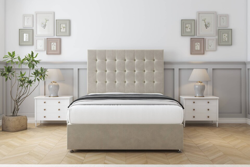 image 1 of Sloomy Alabama Cream Plush Divan Bed Base 2 Drawers Foot-End With 26 Inch Strutted Headboard | Cream | Cream | Double | 1