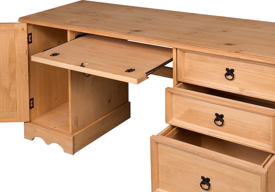 image 1 of Mercers Furniture Corona Straight Computer Desk 3 Drawer 1 Door Office Bedroom Solid Wood Pine with Mexican Styling Wooden