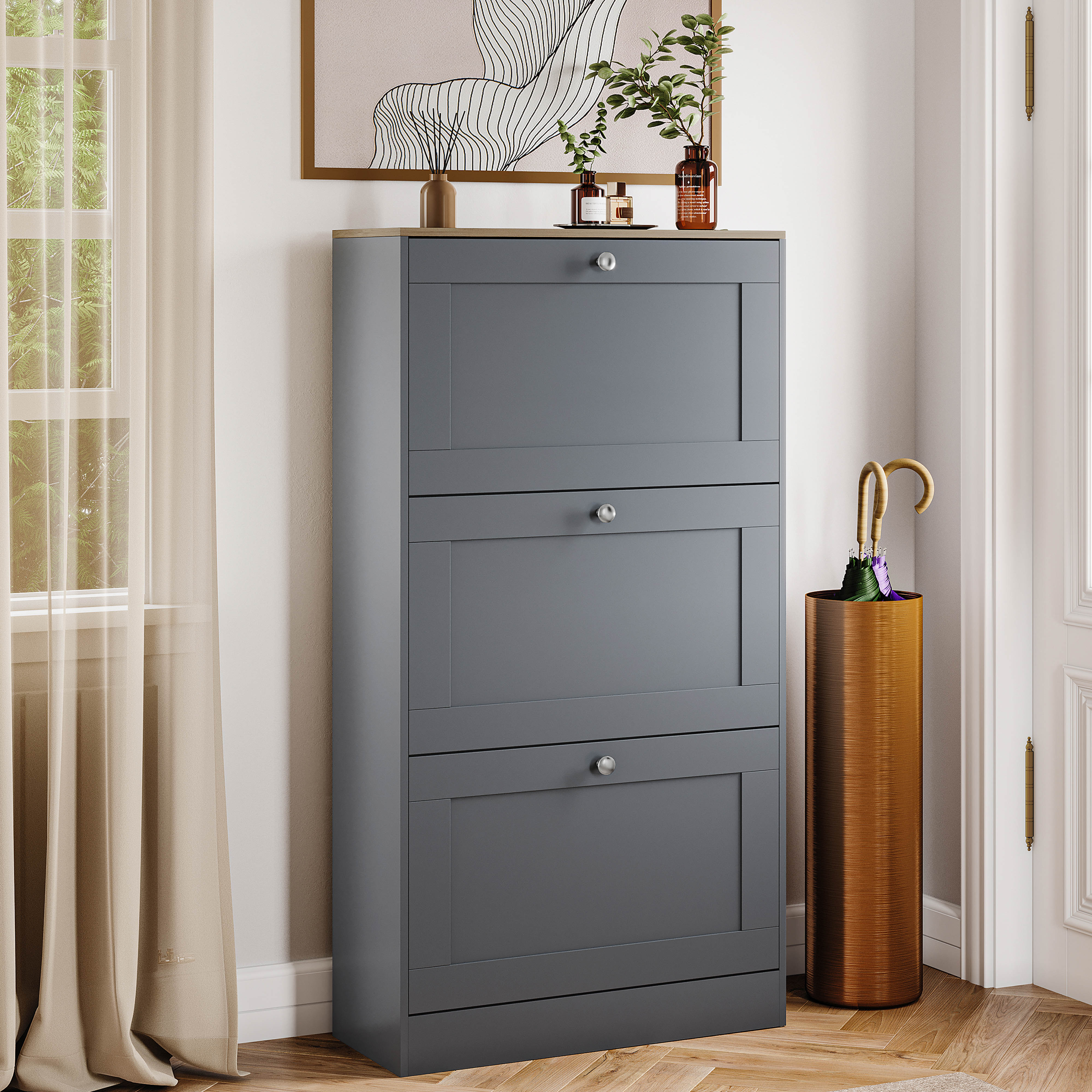 Vida Designs 3 Drawer Hallway Shoe Storage Cabinet Unit Compact Design - Grey & Oak