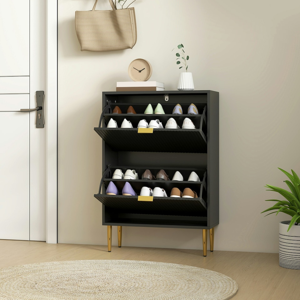 image 1 of HOMCOM Slim Shoe Storage Cabinet with 2 Flip Drawers for Hallway Black | Gold | 60W x 24D x 91.5H cm