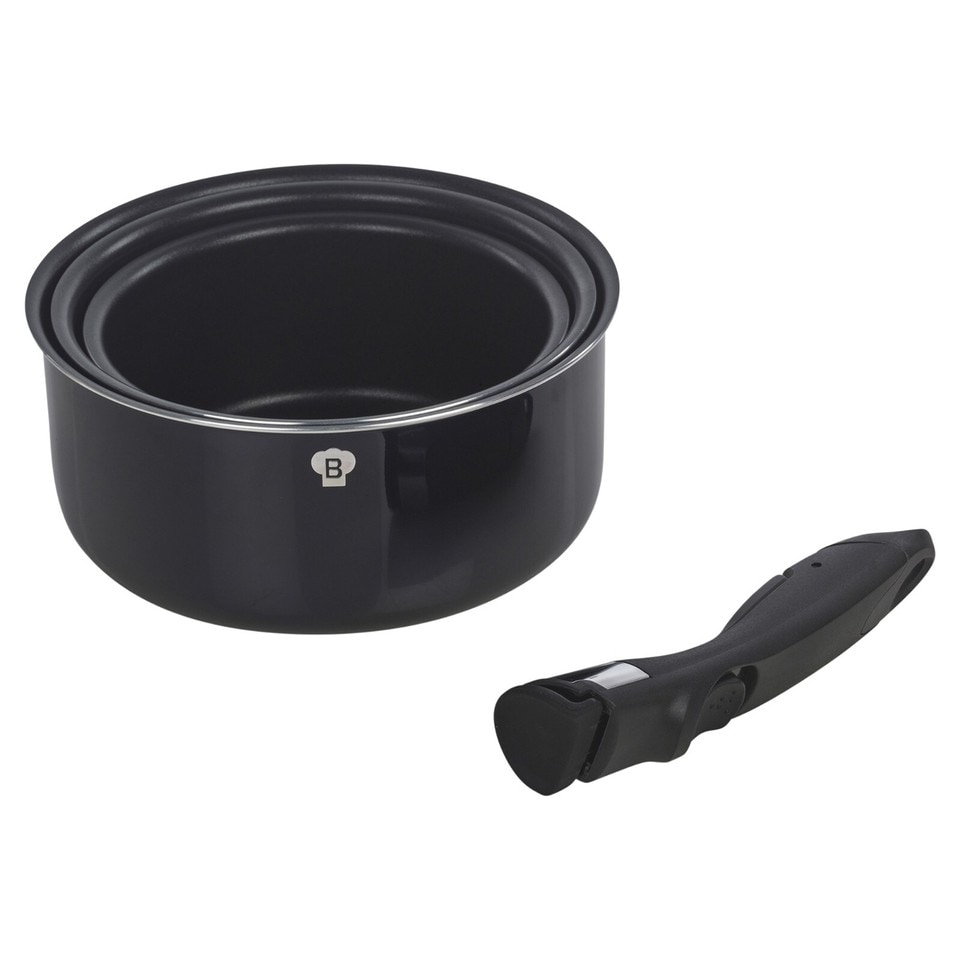 image 1 of Aluminium Induction Stackable Space Saving Pots Frying Pan Set Detachable Handle | Black | Aquamarine - 4 Pcs Saucepans with Lid