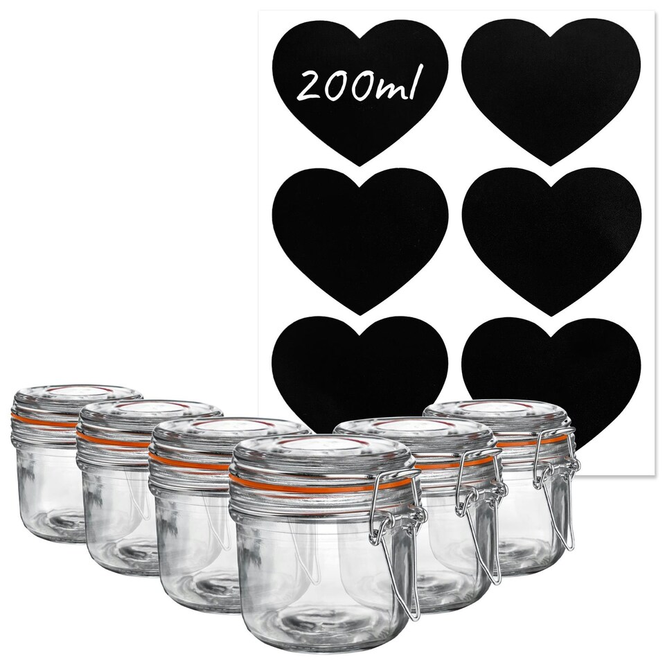 image 1 of Argon Tableware Glass Storage Jars with Heart Labels - 200ml - Clear - Pack of 6