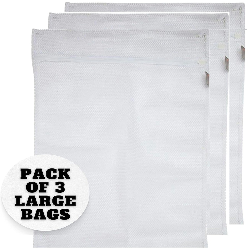 image 1 of 3 x Large Size Net Washing Bags for Laundry with Strong Zip – 41cms x 49cms (16" x 19") | White