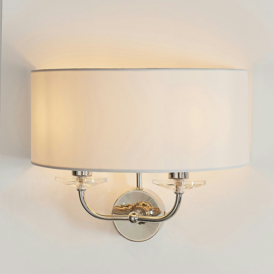 image 1 of Nixon 2 Light Indoor Candle Wall Light Nickel Plate, White Faux Silk, E14