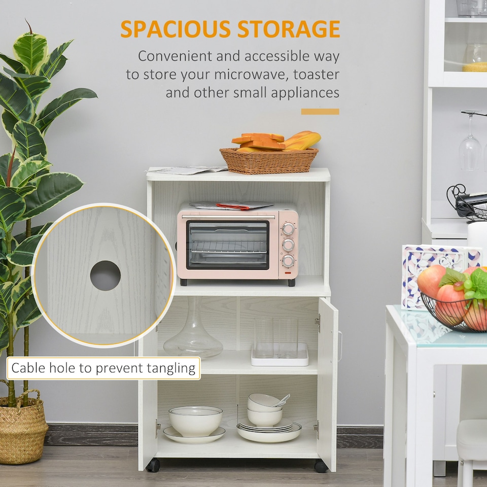 image 1 of HOMCOM Kitchen Storage Unit Microwave Cart Trolley w/ Cabinet Wheels Shelf White