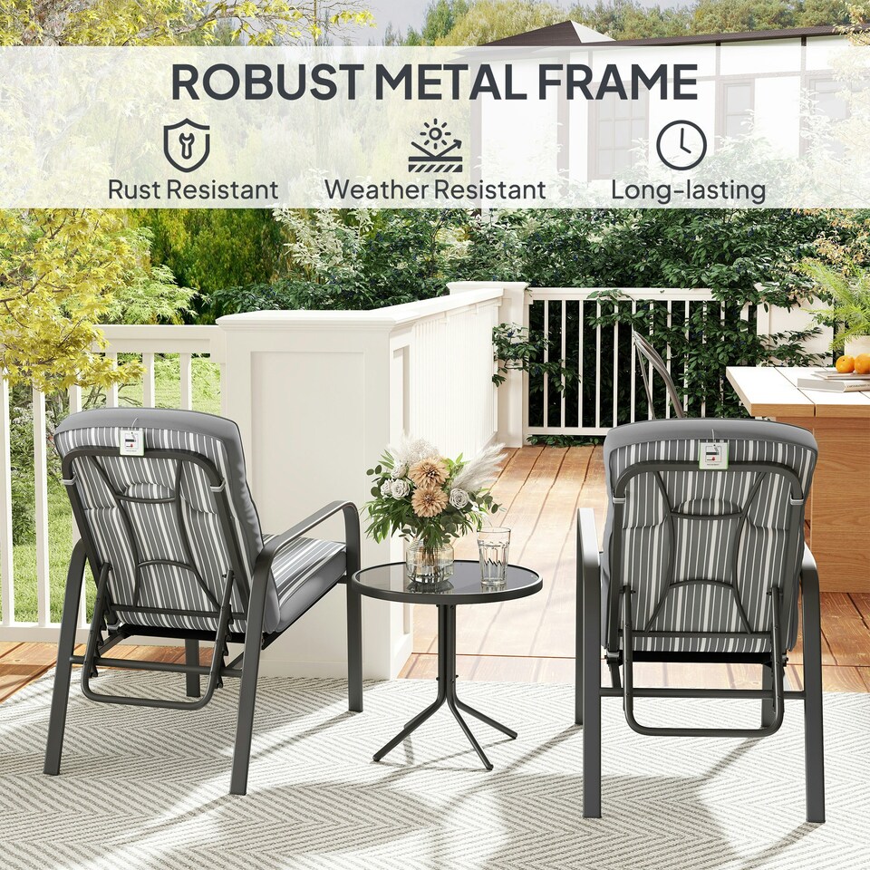 image 1 of Outsunny 3-Piece Recliner Garden Chairs and Tempered Glass Table Set, Grey 