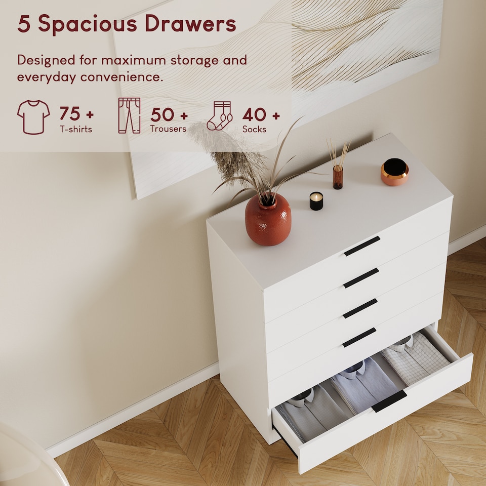 image 1 of Vida Designs Trega 5 Drawer Chest of Drawers Bedroom Clothing Organiser Storage Unit - White