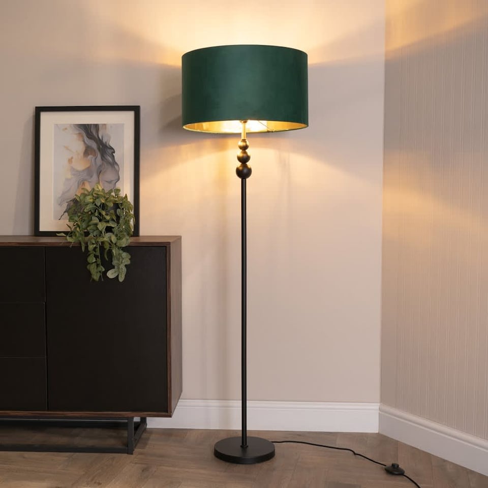image 1 of ValueLights Marissa Black Stacked Ball Floor Lamp Forest Green Velvet Gold Shade