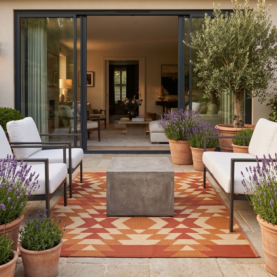image 1 of Homescapes Outdoor Rug Luxury Waterproof Reversible Recycled, For Garden, Anya Aztec | Orange | Orange and White