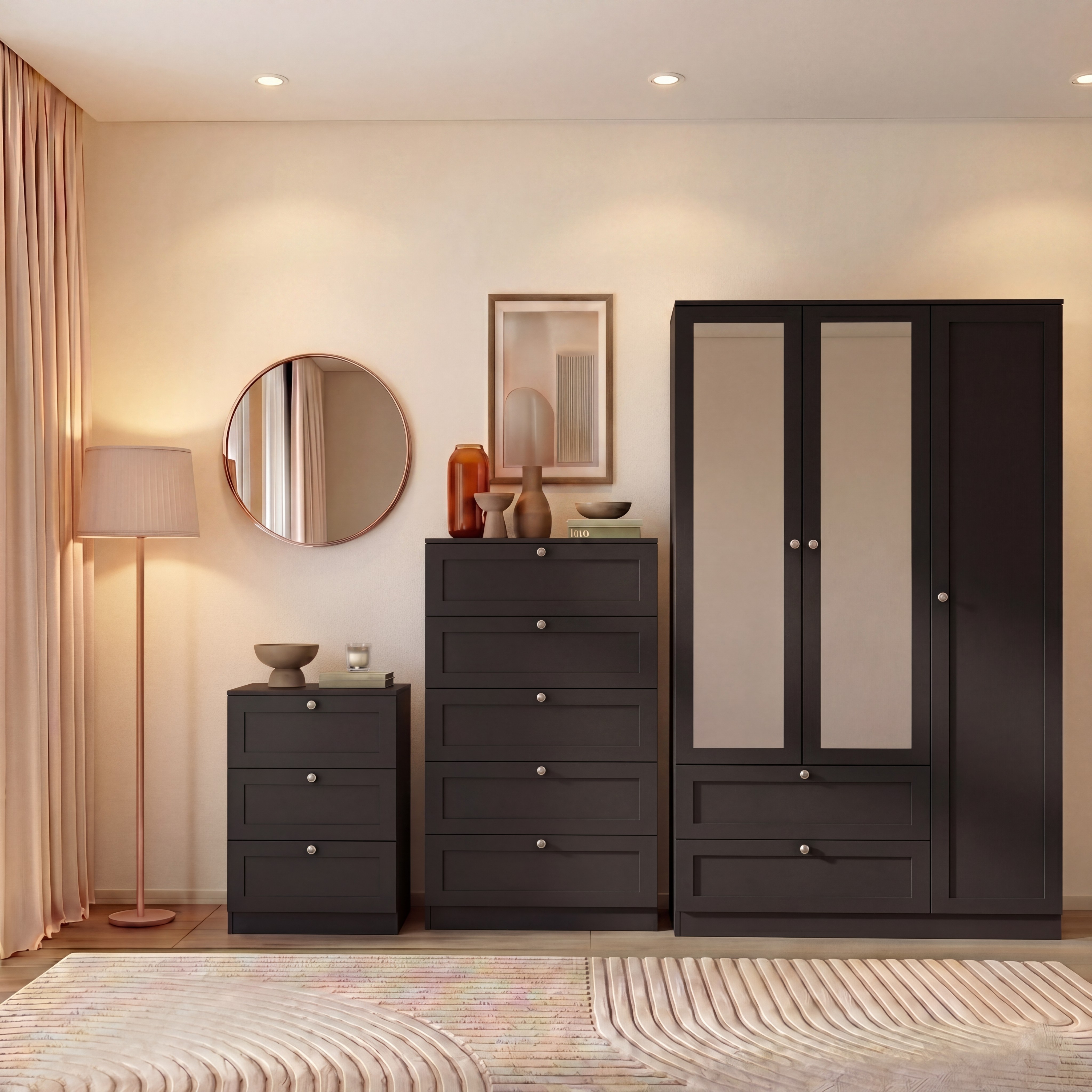 Vida Designs Altino 3 Piece Bedroom Set (3 Drawer Bedside, 5 Drawer Chest, 3 Door 2 Drawer Mirrored Wardrobe), Black