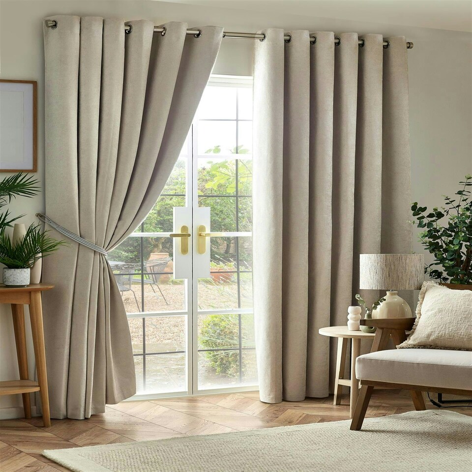 image 1 of Chenille Blackout Ring Top Eyelet Curtains - 117cm x 137cm - Cream