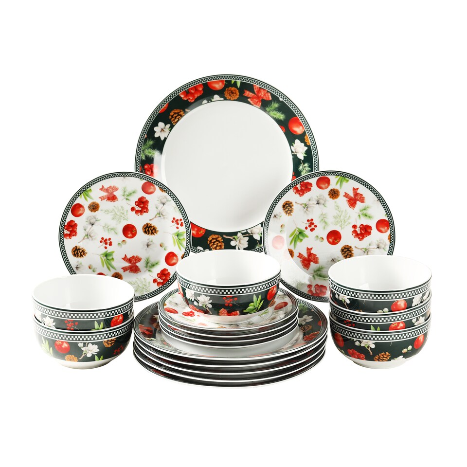 image 1 of simpa 18PC Christmas Flora Orchard Ceramic Dinner Set.
