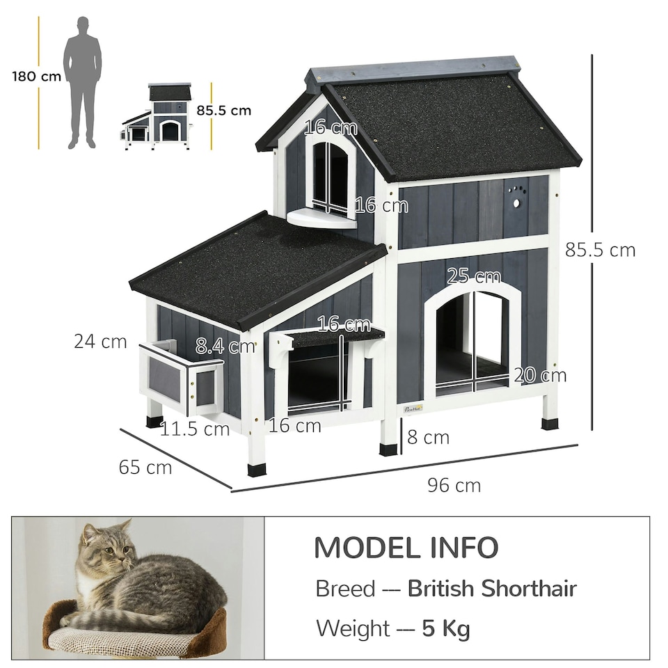 image 1 of PawHut Wooden Outdoor Cat House w/ Flower Pot, Windows, Multiple Entrances