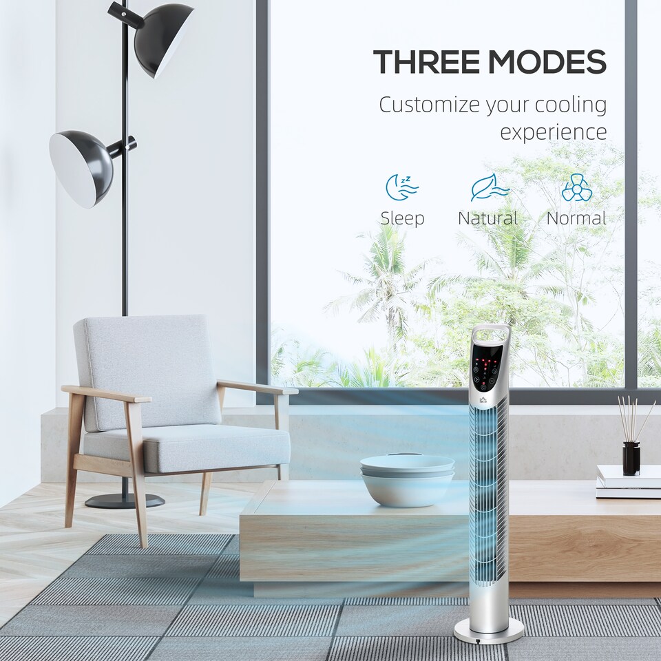 image 1 of HOMCOM 31 Oscillating Tower Fan with Remote Control, 7.5H Timer, 3 Speed 3 Modes, Electric Floor Standing Cooling Fan for Home Bedroom Office, Silver