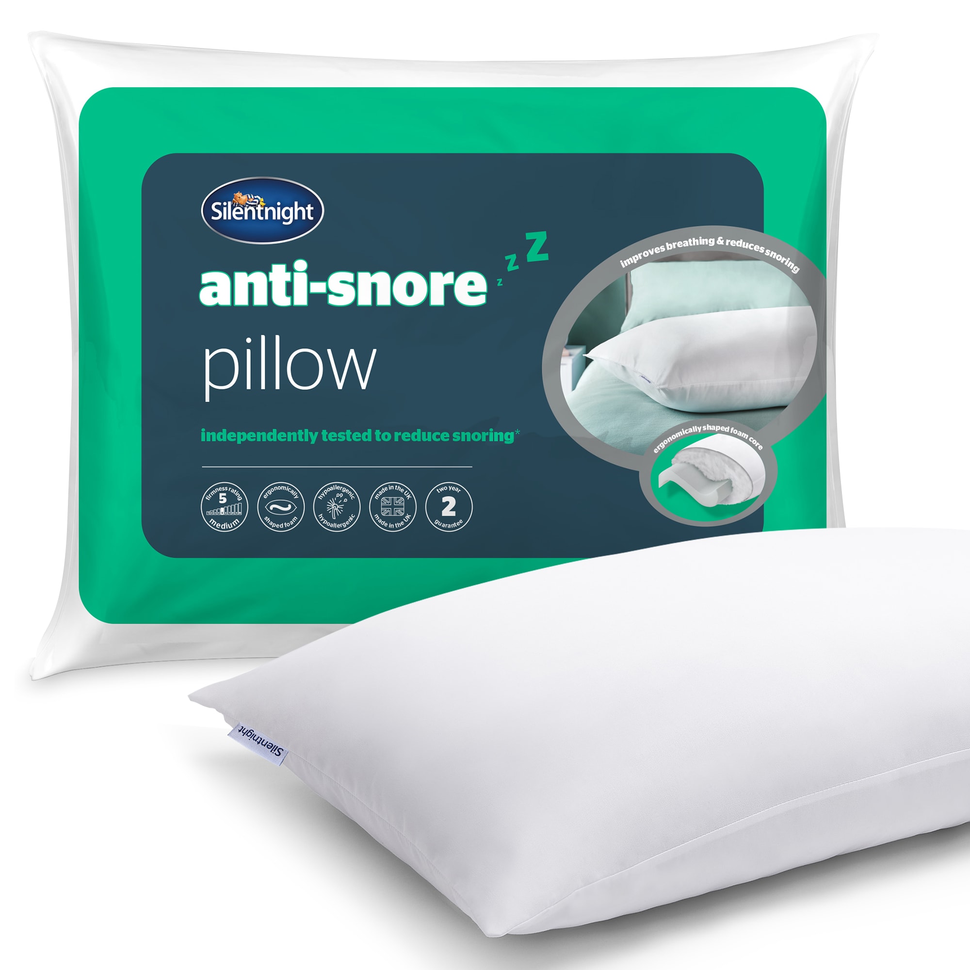 Silentnight Anti Snore Bed Pillows, 2 Pack | White | 2