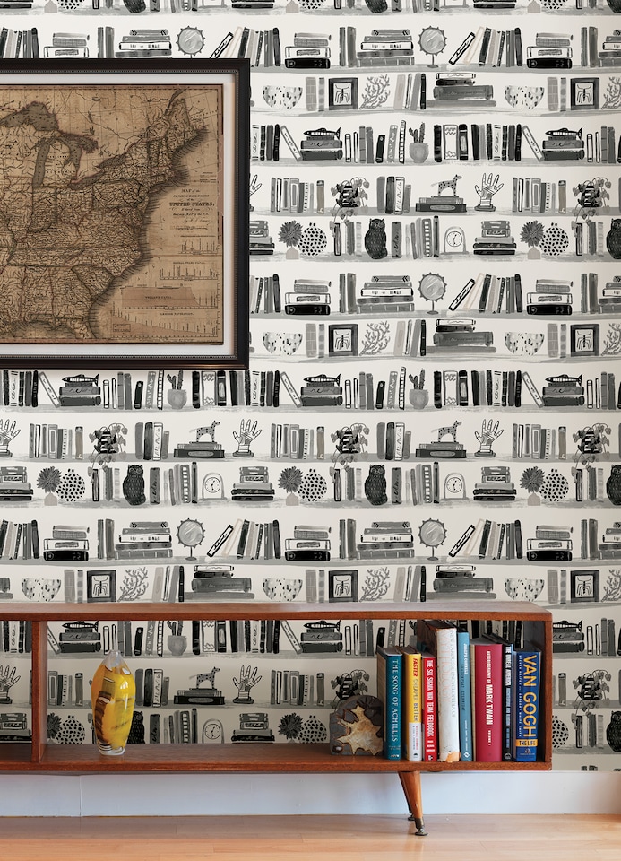 image 1 of NuWallpaper NUS4537 Painterly Shelf Stories Novelty Peel & Stick Wallpaper, Black