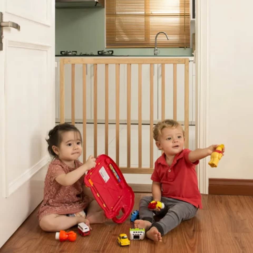 image 1 of Safetots Simply Secure Wooden Gate, 72cm - 79cm, Natural, Wooden Stair Gate, Screw Fit Baby Gate, Safety Barrier