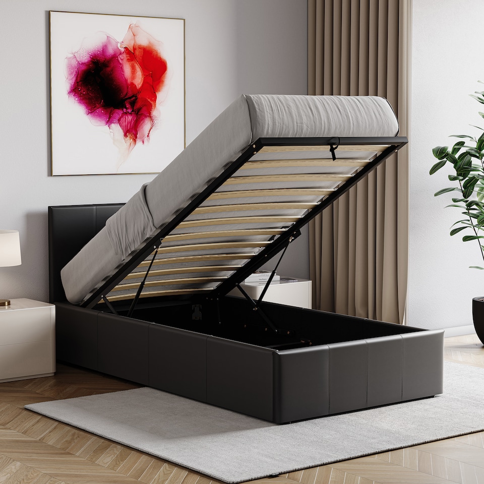 image 1 of Vida Designs Lisbon 3ft Single Ottoman Bed Storage Faux Leather, Black, 90 x 190cm