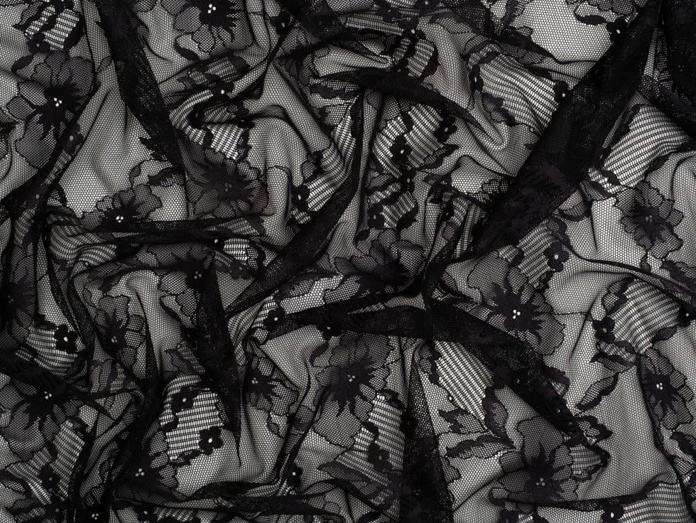 Minerva Core Range Black Stretch Floral Lace Bridal Fabric, 148cm / 58" Wide - per metre