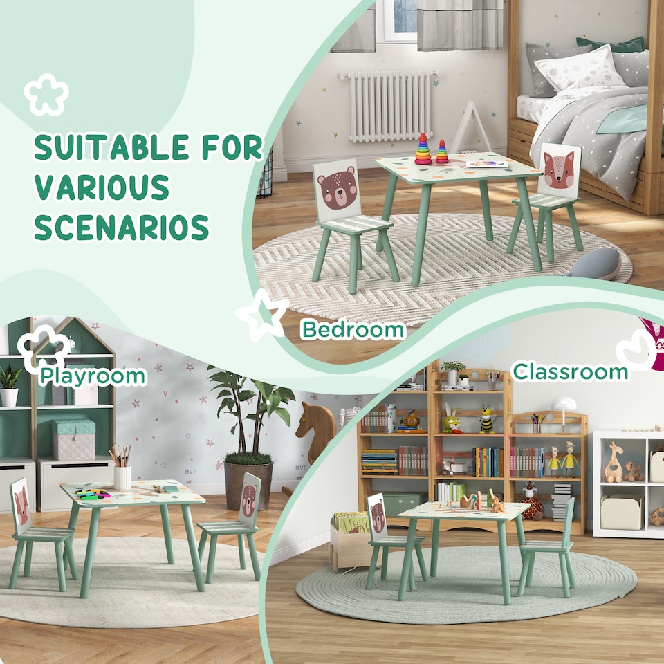 image 1 of ZONEKIZ Kids Table and Chairs, Children Desk with 2 Chairs, Green