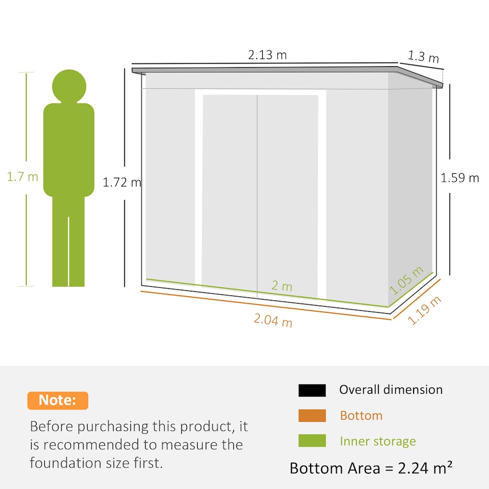 image 1 of Outsunny 7 x 4ft Lean to Garden Shed with Foundation Kit, Double Door and Vents, Outdoor Metal Storage Shed for Equipment Tools, Grey