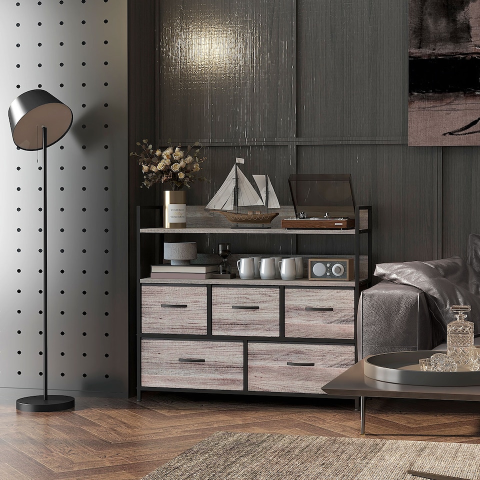 image 1 of HOMCOM Bedroom Chest of Drawers, Fabric Dresser with 5 Drawers, Storage Organiser Unit with Open Shelves and Metal Frame for Living Room, Entryway, Grey Wood Effect