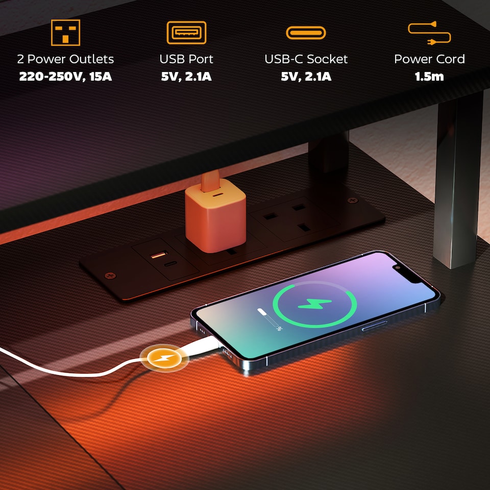 image 1 of HOMCOM Computer Desk with Power Outlets and LED Lights, 120 x 50cm Reversible Home Office Desk with Monitor Stand and 2-Tier Storage Shelves, PC Table with Cable Management, Carbon Fibre Grey