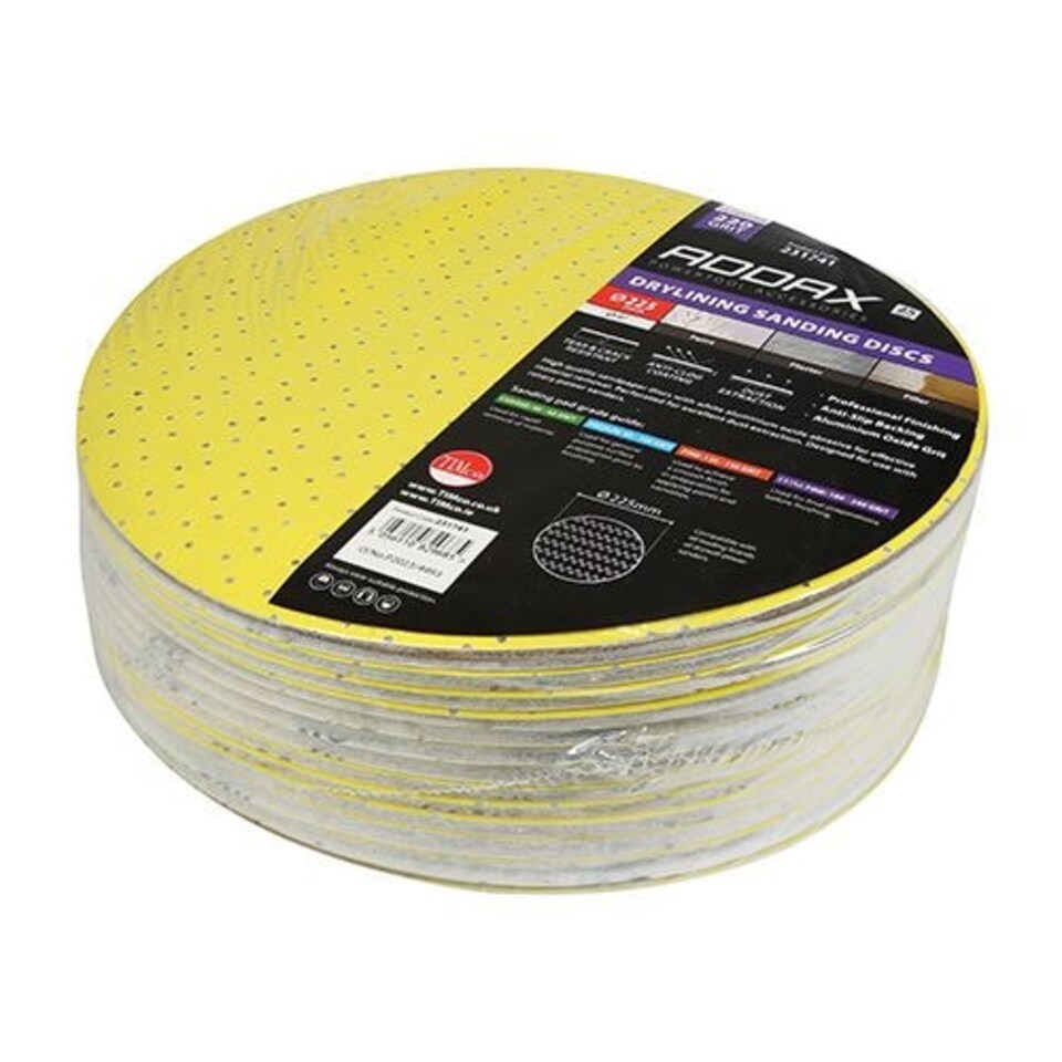 image 1 of Timco - Drylining Sanding Discs - 220 Grit - Yellow (Size 225mm - 25 Pieces)