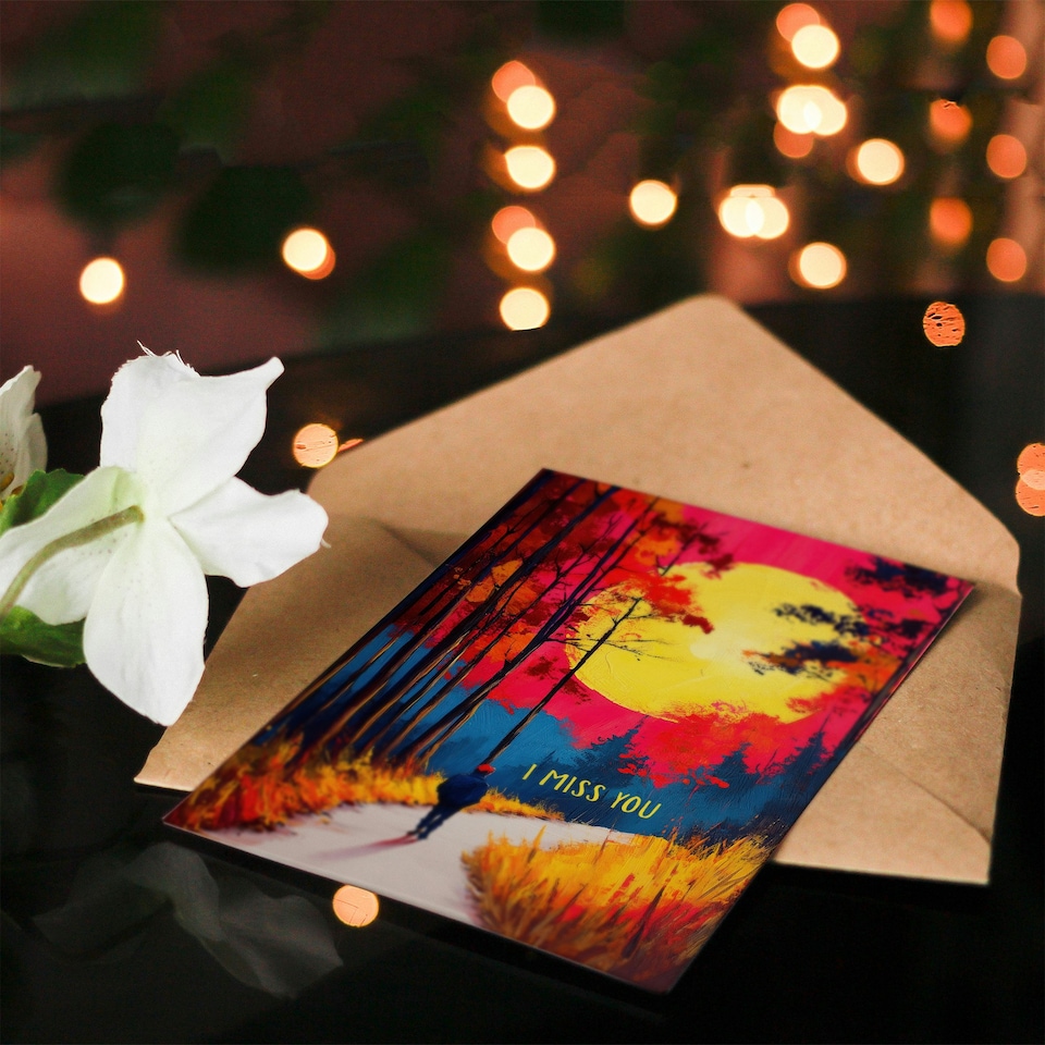 image 1 of Miss You Card Autumn Forest Path Walk Vibrant Sunset Sky