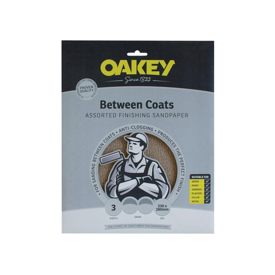 Oakey Between Coats Finishing Sandpaper 230 X 280mm Assorted (3) - Multi Colour - 230 x 280mm