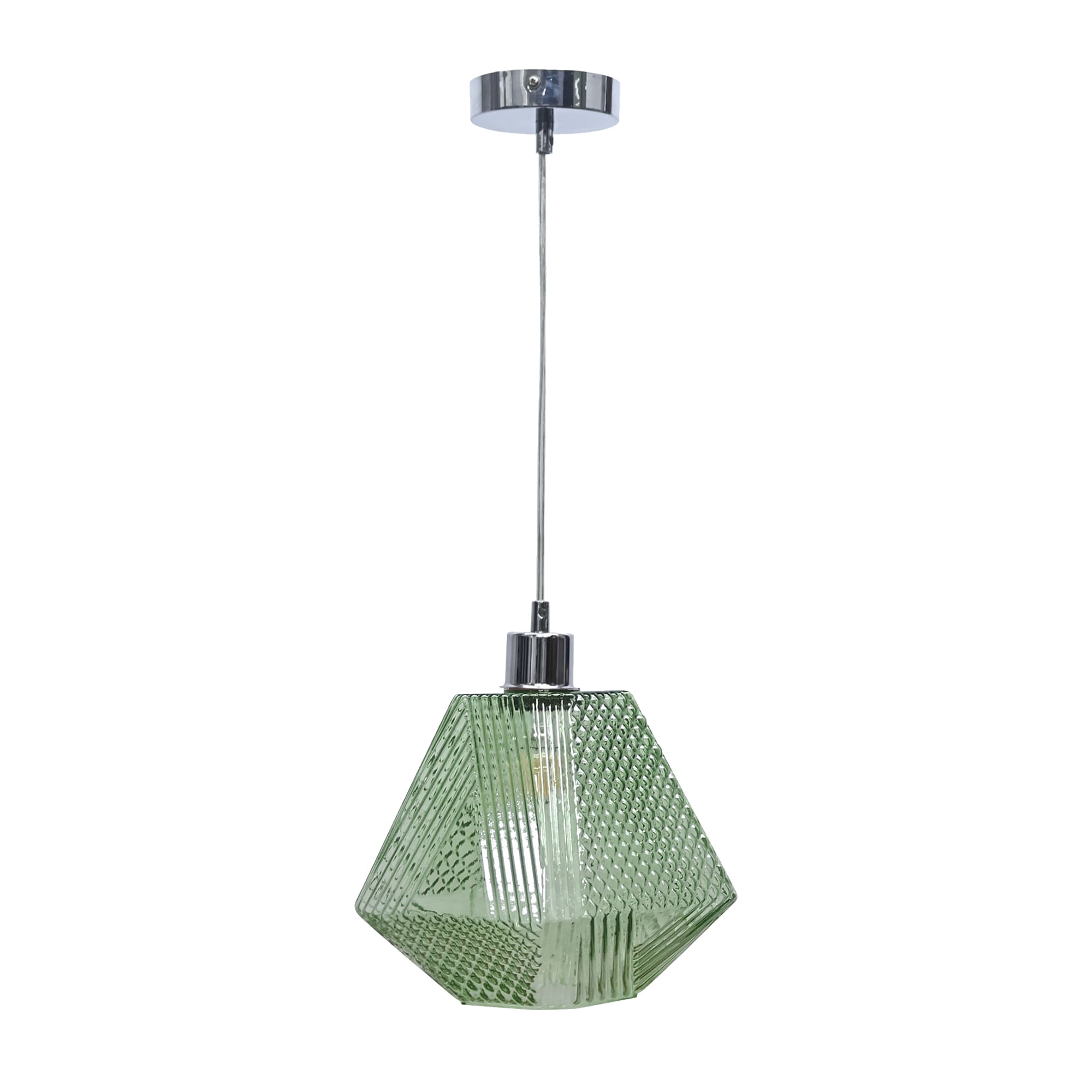 First Choice Lighting Lens Chrome with Green Textured Glass Pendant Light in Silver