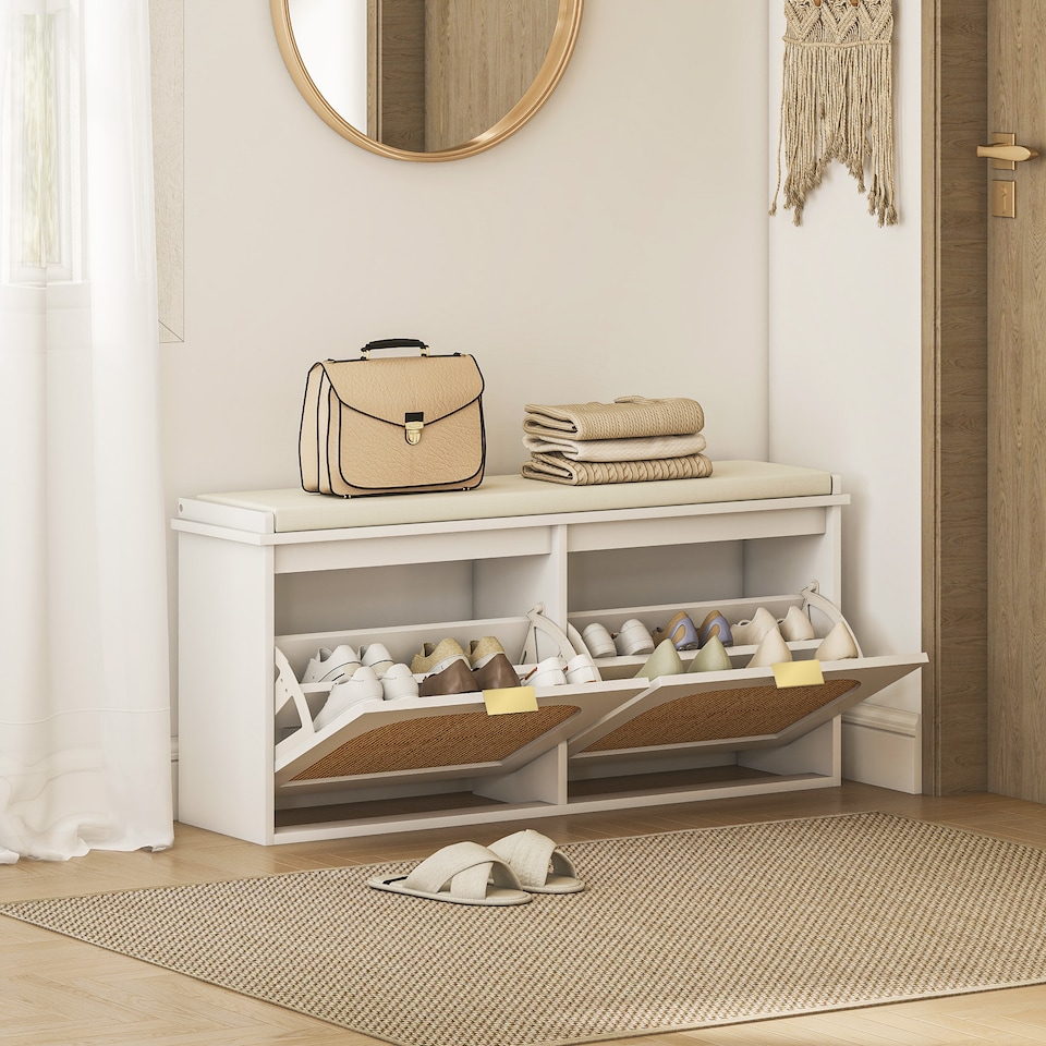 image 1 of HOMCOM Boho Shoe Bench with Padded Seat and 2 Flip-Drawers, White | White | White