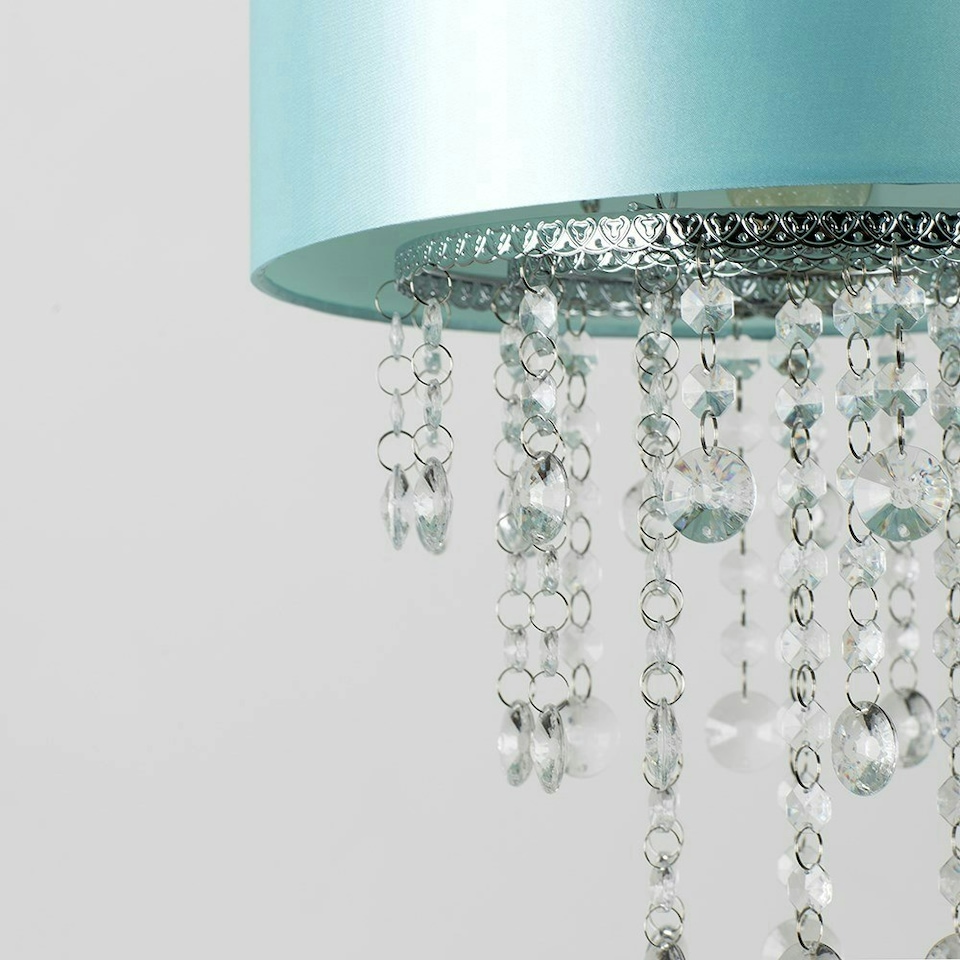 image 1 of ValueLights Duck Egg Blue Cylinder Ceiling Pendant Light Shade with Clear Acrylic Jewel Effect Droplets - Complete with a 6w LED GLS Bulb 3000K Warm White