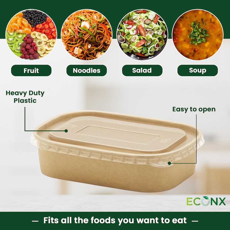 image 1 of ECONX 650ml Kraft Food Containers with Plastic Lids Rectangular Takeaway Food Box 100pc