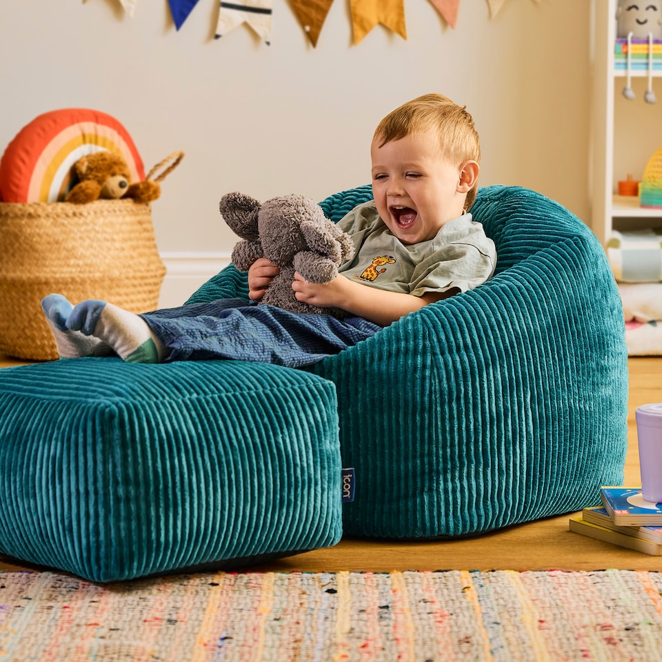 image 1 of icon Kids Kingston Cord Classic Bean Bag and Mini Square Footstool, Teal