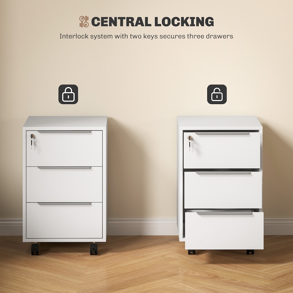 image 1 of HOMCOM 3-Drawer Lockable Filing Cabinet, File Cabinet on Wheels, Mobile Office Storage Drawers for Home Office, Bedroom and Living Room, White | White | White