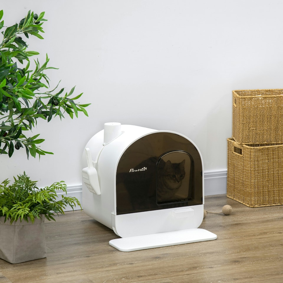 image 1 of PawHut Cat Litter Box Kitten Litter Tray w/ Lid, Scoop, Filter, Flap Door