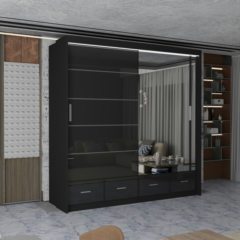 image 1 of Sleek High Gloss Sliding Wardrobe 203cm with Drawers | White/Black/Grey 2-Door Bedroom Storage Black | Black203cm