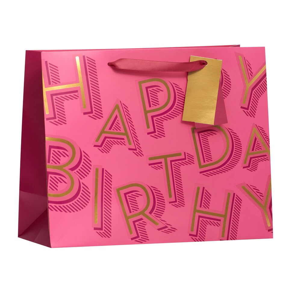 image 1 of Pink Happy Birthday Text Large Gift Bag - Pack of 3