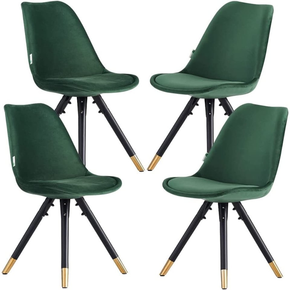 image 1 of Set of 4 Sofia Ergonomic Modern Dining Chairs Upholstered in Velvet, Metal Legs with Gold End Tips | Green