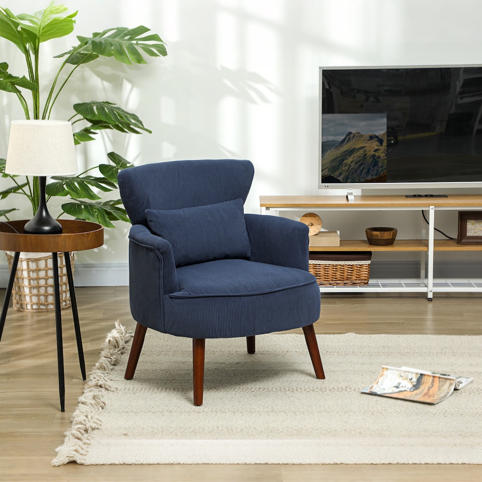 image 1 of HOMCOM Modern Armchair, Upholstered Corduroy Accent Chair with Thick Padded Seat, Lumbar Pillow, Rubber Wood Legs, Cuddle Chair for Living Room Bedroom Office, Blue